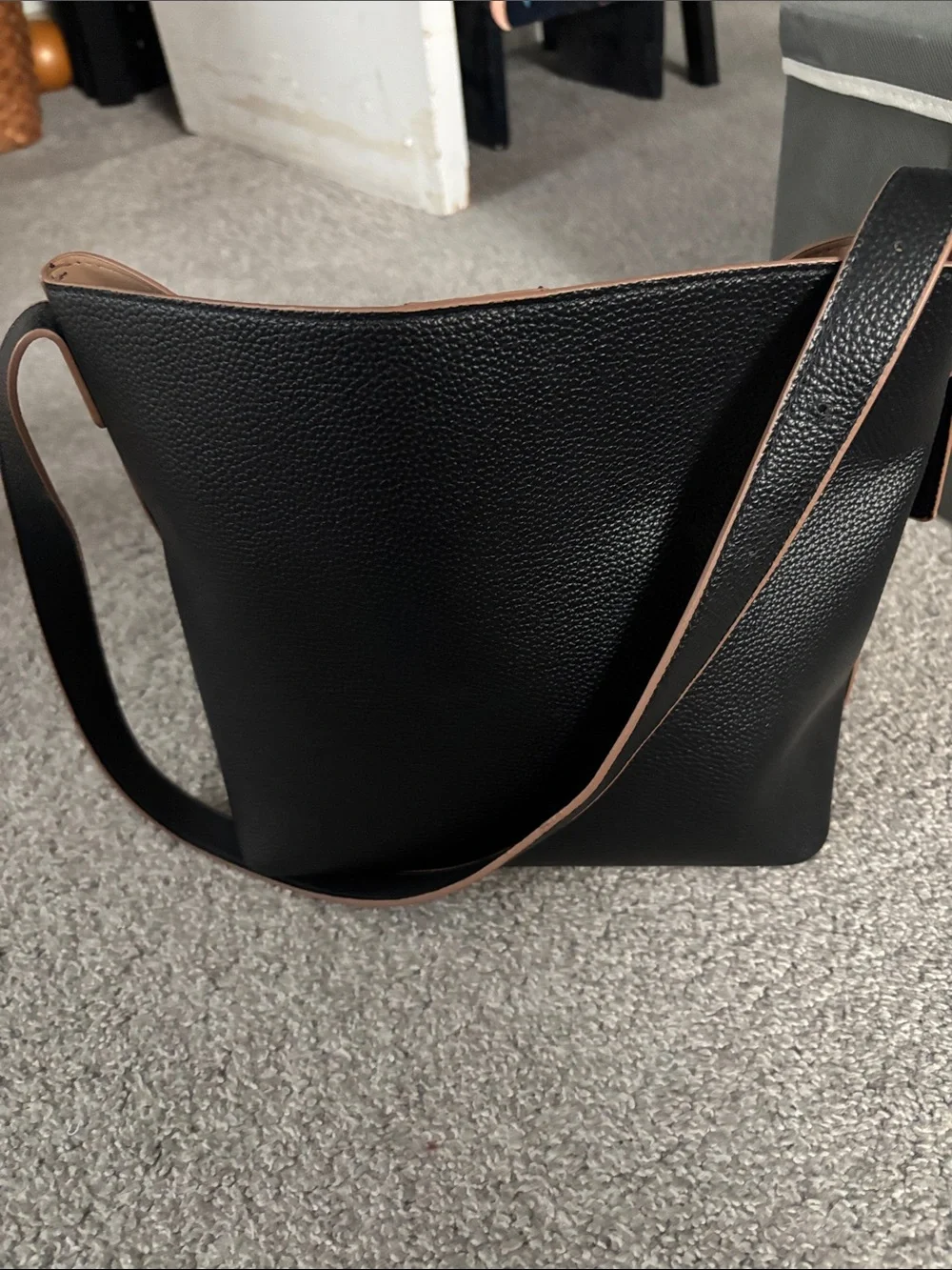 Black and Tan Leather Bucket Bag with Braided Accent